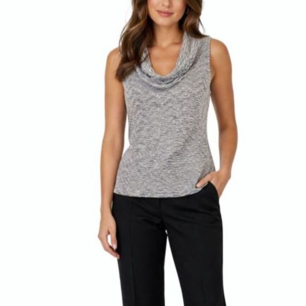 Deletta Anthropologie Women's Gray Ivory Textured Cowlneck Sleeveless Top Sz M